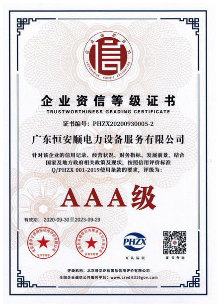 Cina GuangDong Heng AnShun Electrical Power Equipment Service Co., Ltd. Sertifikasi