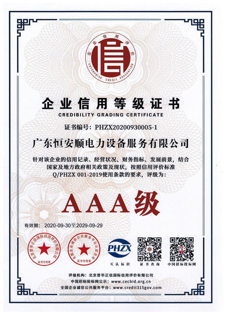 Cina GuangDong Heng AnShun Electrical Power Equipment Service Co., Ltd. Sertifikasi